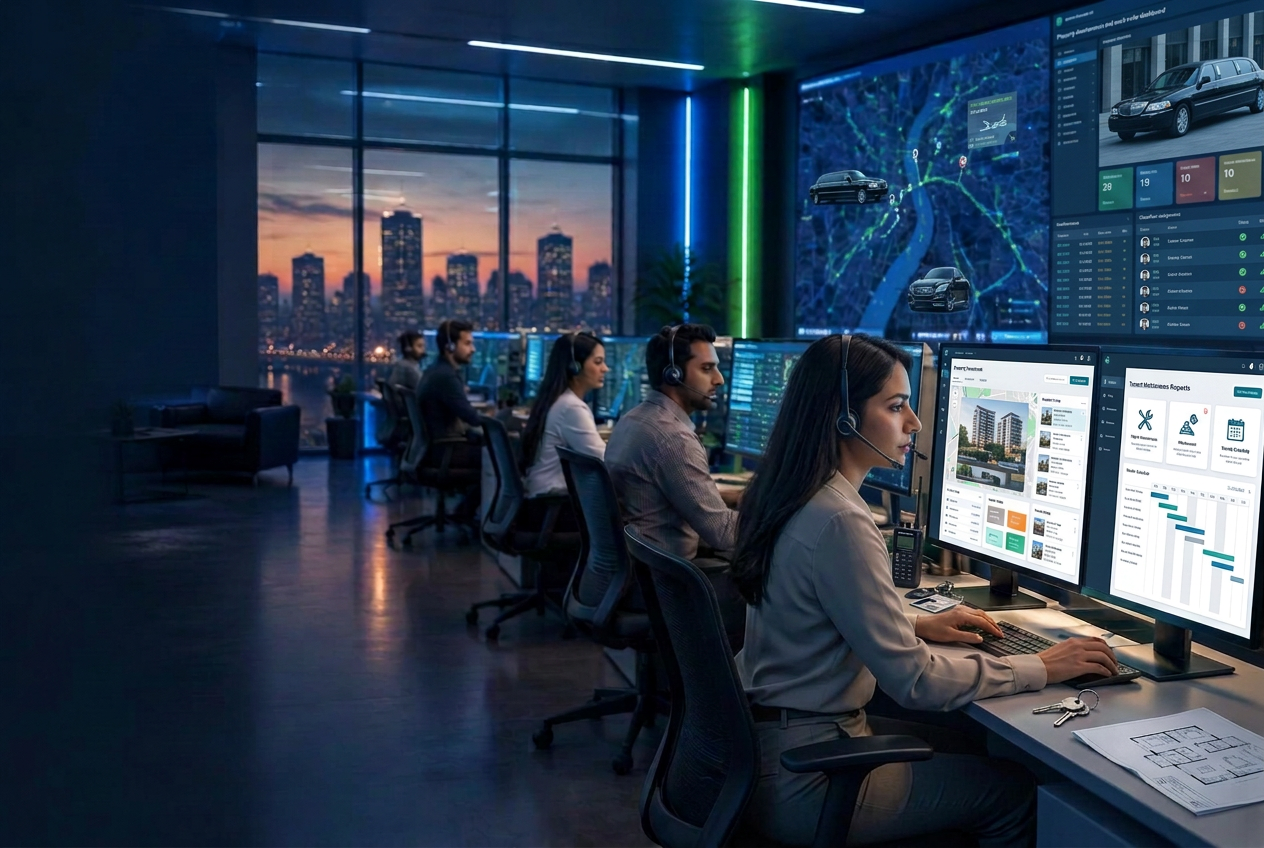 Pakistani property management virtual assistant and limo dispatcher coordinating tenant work orders and black car airport trips